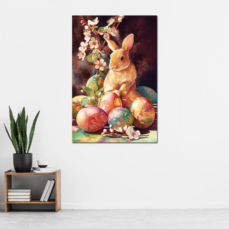  Art mural sur toile grand lapin de Pâques - Décoration murale lapin de printemps vibrant avec œufs et fleurs de Pâques, parfait pour la décoration murale de Pâques et les décorations saisonnières, 28 po x 40 po