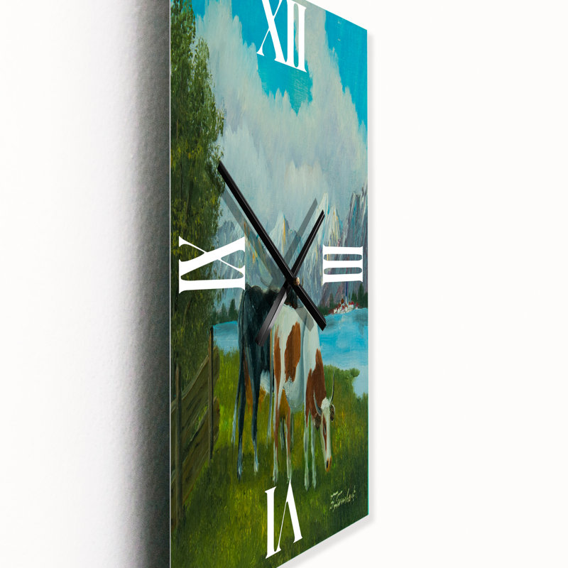 Horloge murale Vache tachetée devant un lac, Grand