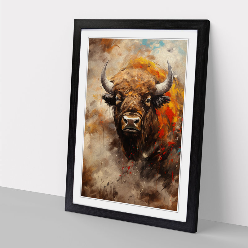 Bison Gestural Art - Framed Print, 46cm H x 34cm W x 2cm D, Black Framed