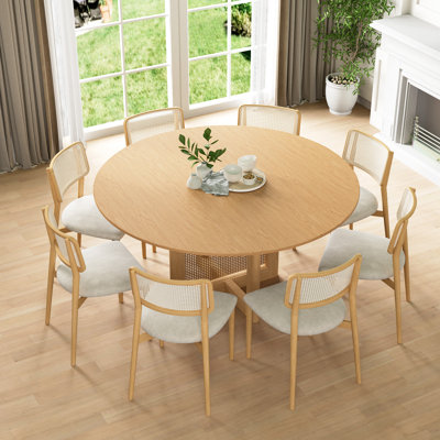 Round Solid Wood Dining Table with Rattan Pedestal