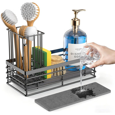 Porte-éponge pour évier de cuisine, organisateur d'évier avec tapis de séchage en pierre, accessoires de rangement et organisateurs de comptoir de cuisine, acier inoxydable 304 (noir, 23,6 cm L)