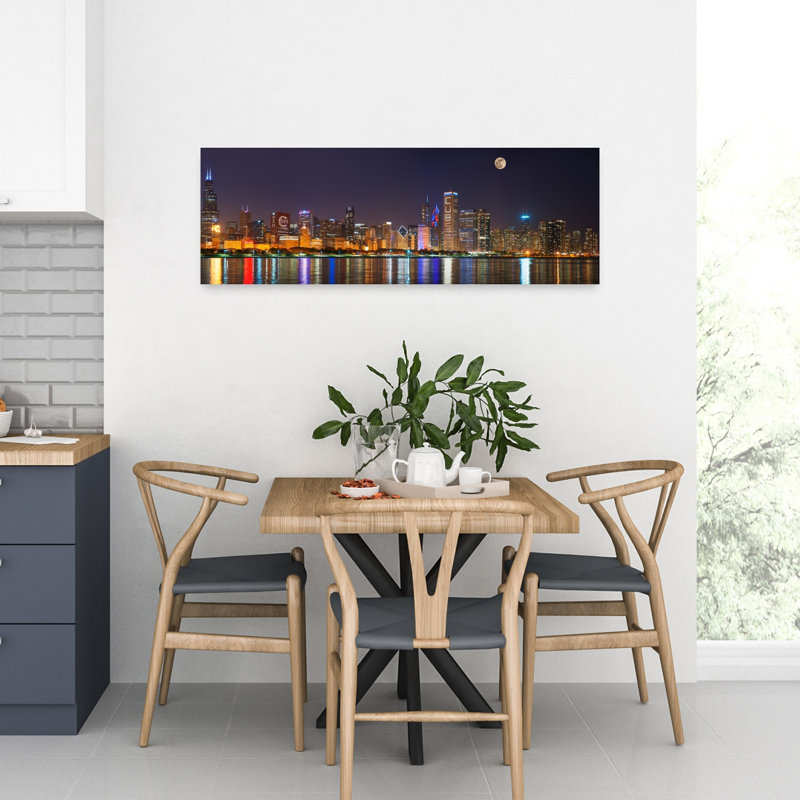 Chicago skyline with Cubs World Series lights night Moonrise Lake Michigan Chicago Cook County Illinois USA 1 Piece Wrapped Canvas Panoramic Wall Art