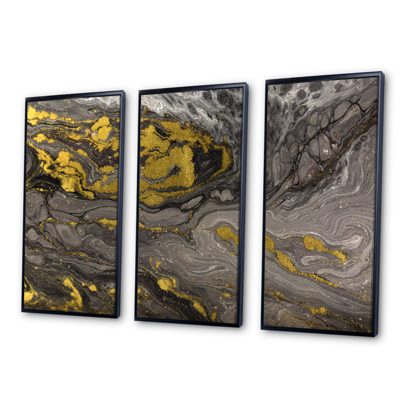 Marbre naturel doré et gris - ensemble d'art mural sur toile Glam, H 20 po x l 36 po, Noir, noir, noir, noir