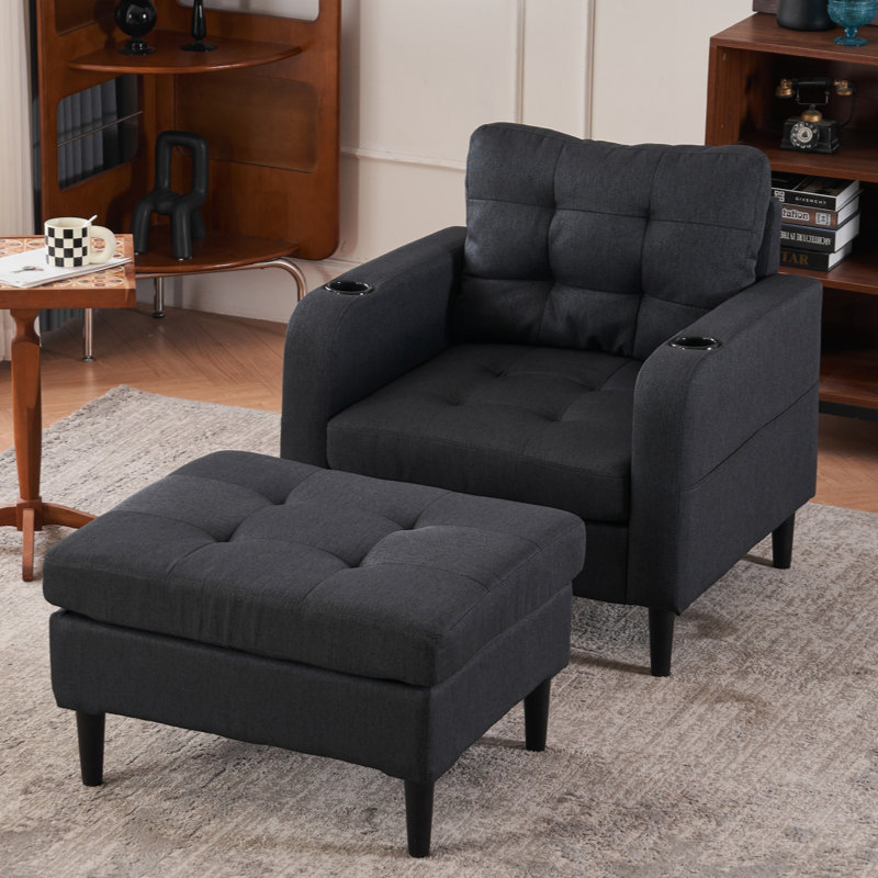 Ensemble de fauteuil rembourré avec repose-pieds et porte-gobelet Jurnei, Lin gris foncé