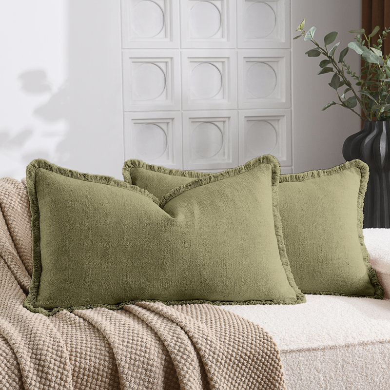 Housse de coussin en lin délavé texturé Boho Farmhouse, Vert olive, Rectangle H 12 po x l 20 po