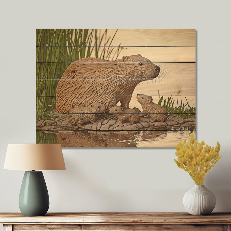 Beaver Lake Scene In Summer II - Art mural moderne en bois sur bois de pin naturel, H 10 po x l 20 po x P 0,78 po