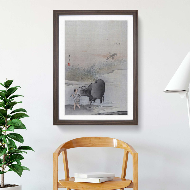 Cow at the Rivers Edge by Hashimoto Gaho - Picture Frame Painting Print, 48cm H x 36cm W x 2cm D, Walnut Framed