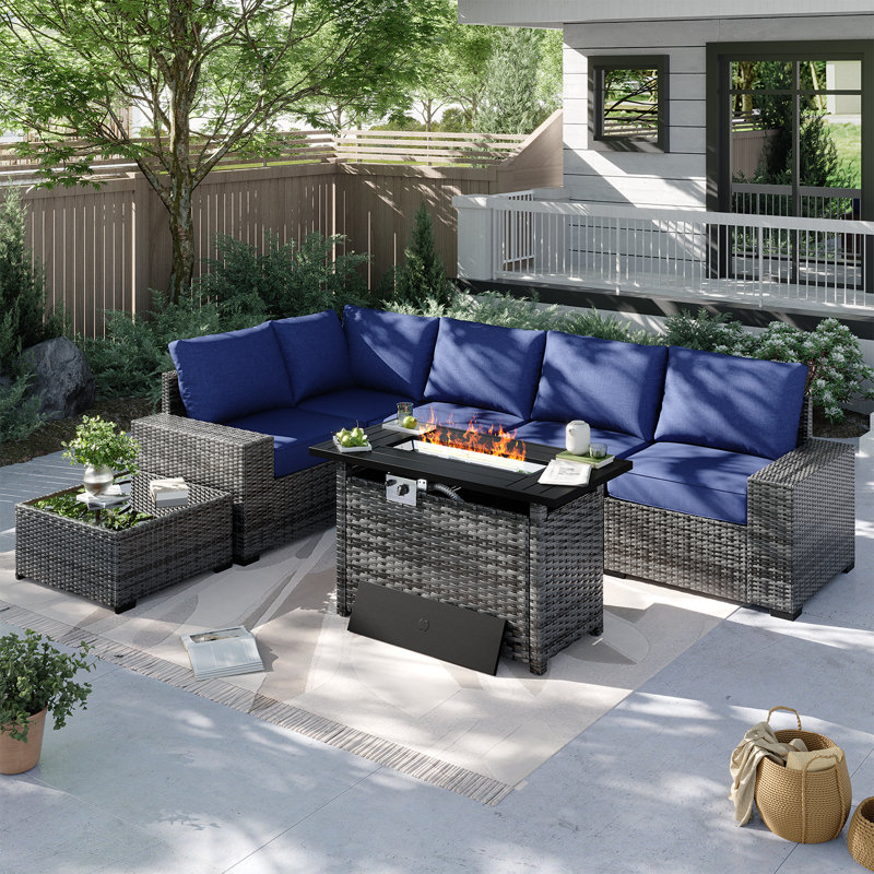 7-pieces Patio Furniture Set With 44" Propane Gas Fire Pit Table, Blue Cushion/Gray Frame