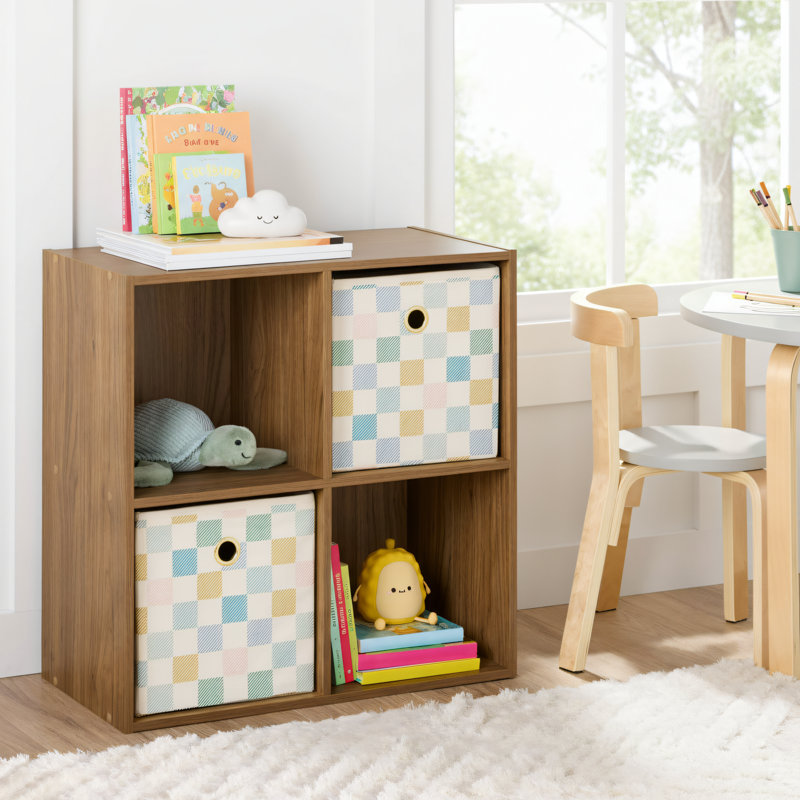 Warm Walnut Wood Color, Four-Compartment Storage Rack, Multi-Scene Home Storage Rack, Suitable For Living Room, Study, Bedroom, Simple Floor-Standing Storage Rack With Compartments.