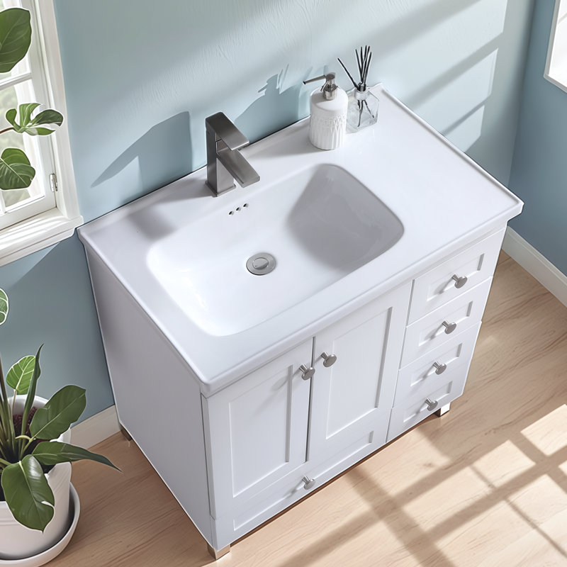 32"Hamptons White Freestanding Single Bathroom Vanity with Ceramic Sink Top