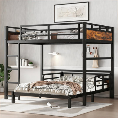 Lit superposé double convertible de couleur bois rétro, structure en métal noir de jais, se divise en deux indépendants pour la chambre à coucher