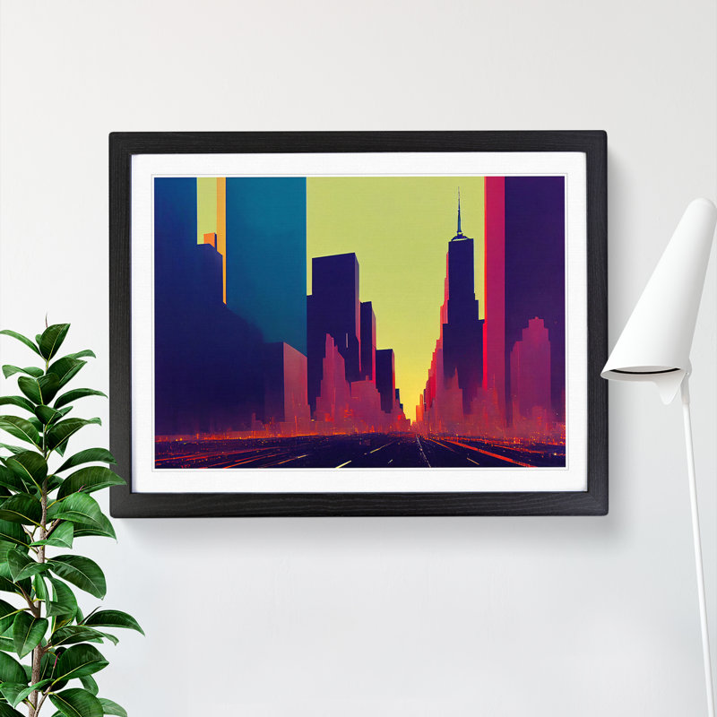 Cyberpunk New York Skyline Vol.3 - Single Picture Frame Print, Black, 46cm H x 64cm W x 2cm D