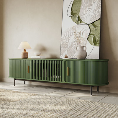 Meuble télé 79 po avec portes Tambour, console de télévision cannelée pour téléviseur de 75 po et pieds 79 po