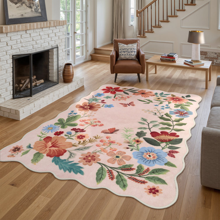 Tawann Machine Washable Floral Farmhouse Area Rug with Non-Slip Backing for Living Room, Dining Room, Bedroom
