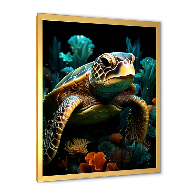 «Sea Turtle Portrait Journey I» - art mural animaux côtiers, Cadre doré simple, H 44 po x l 34 po x P 1,5 po