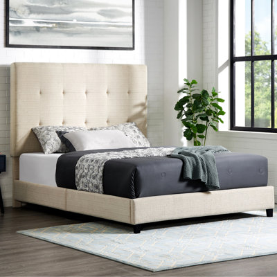 Contemporary Platform Bed In Beige With Solid Feet And Side Rails Upholstered For Primary Bedroom Foam Filler