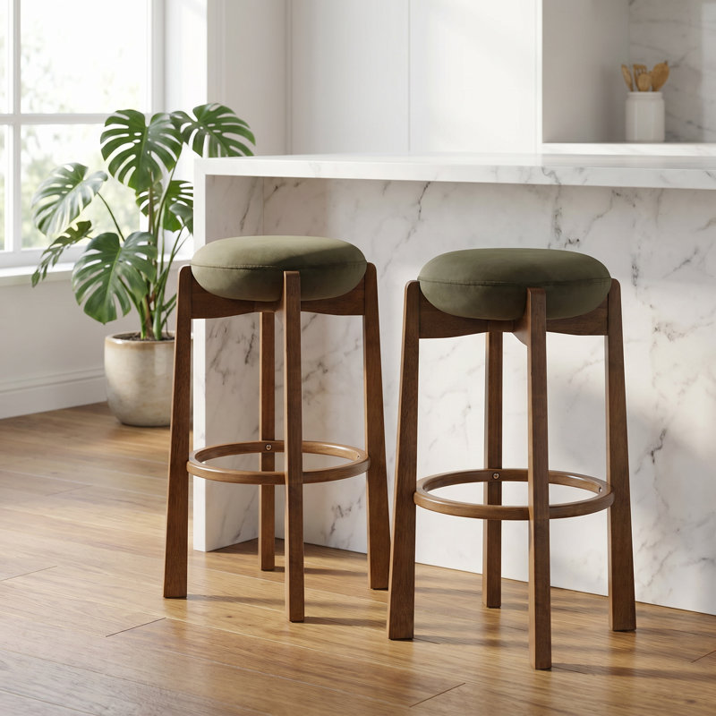 Tabouret de bar et de comptoir avec revêtement vert, sièges ronds sans dossier (ensemble de 4), 4