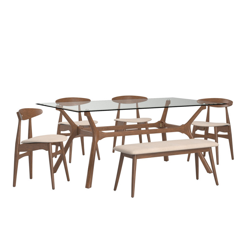 Arne Mid-Century 72" Glass Top Walnut Finish Rectangular Table Dining Set - Beige Fabric Chairs And Bench, 6-Piece