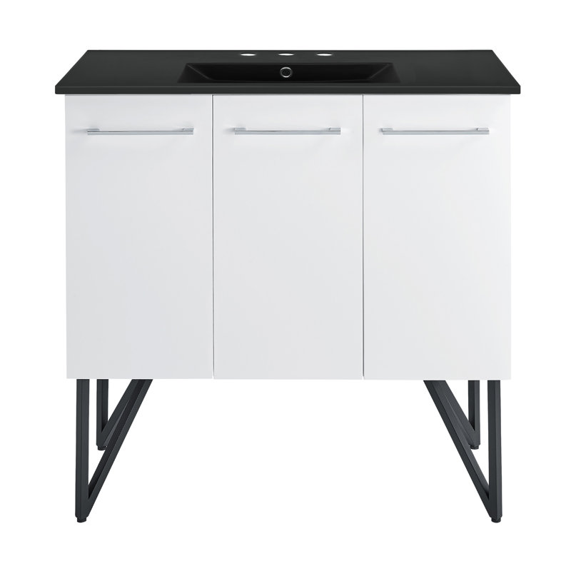 36 po Meuble-lavabo blanc avec comptoir en céramique à 3 trous, Noir