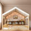 Lit en bois avec auvent, 3 étagères de rangement et lumière DEL-530355334