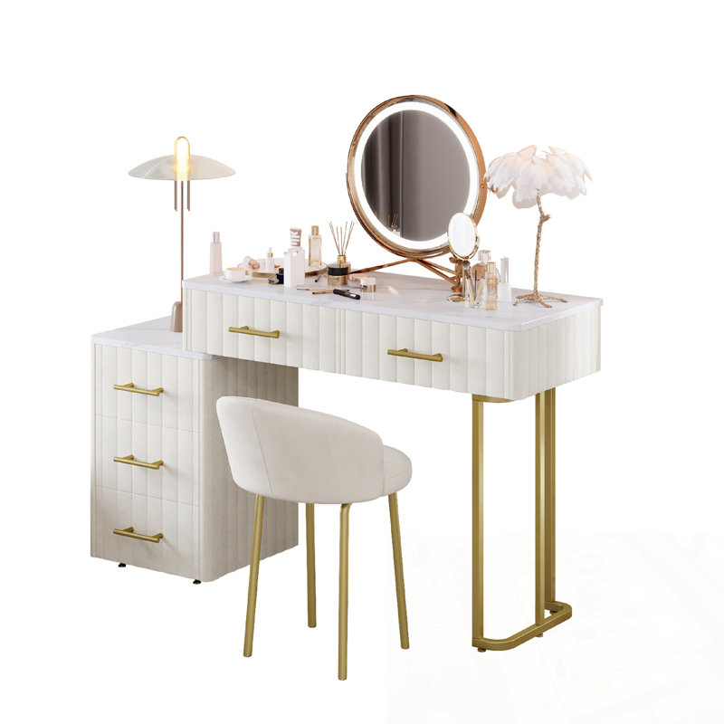 Ensemble de coiffeuse avec 5 tiroirs et une chaise, Blanc / beige
