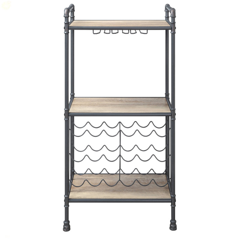 Porte-bouteilles en chêne antique et gris sable avec porte-verres à pied