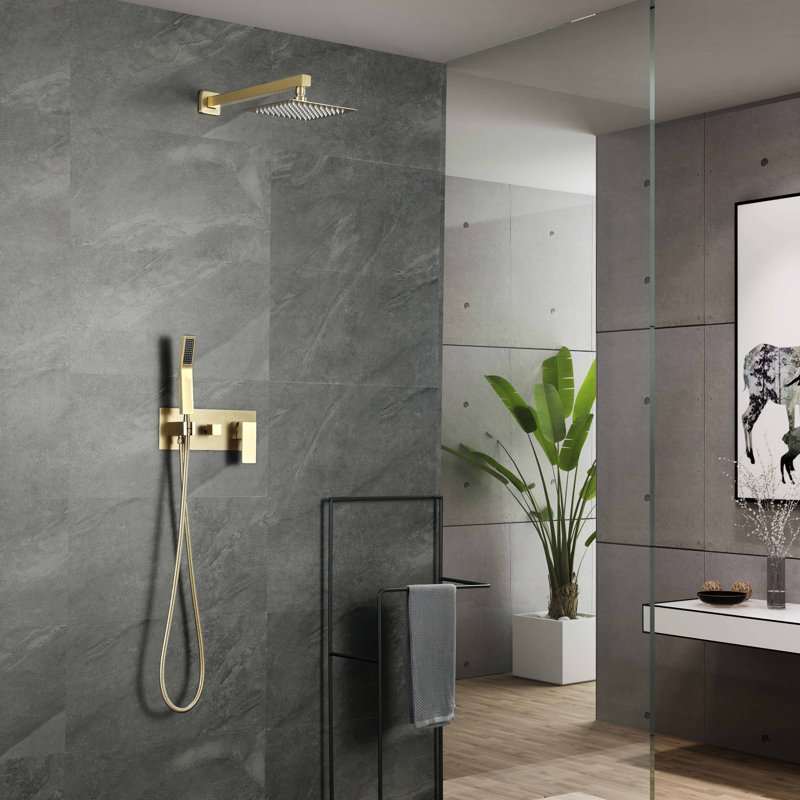 Système de douche mural complet, douche de pluie simple avec valve à pression équilibrée et douche à main Sumeraon, Or brossé