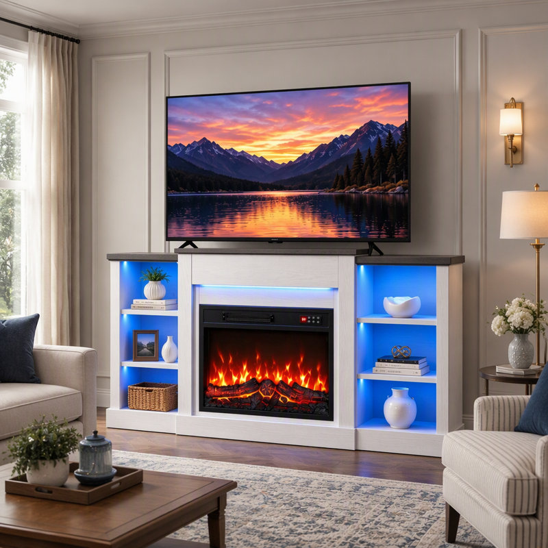 Modern Fireplace TV Media Console for TVs Up to 65" with RGB LED Strips and 6 Storage Shelves