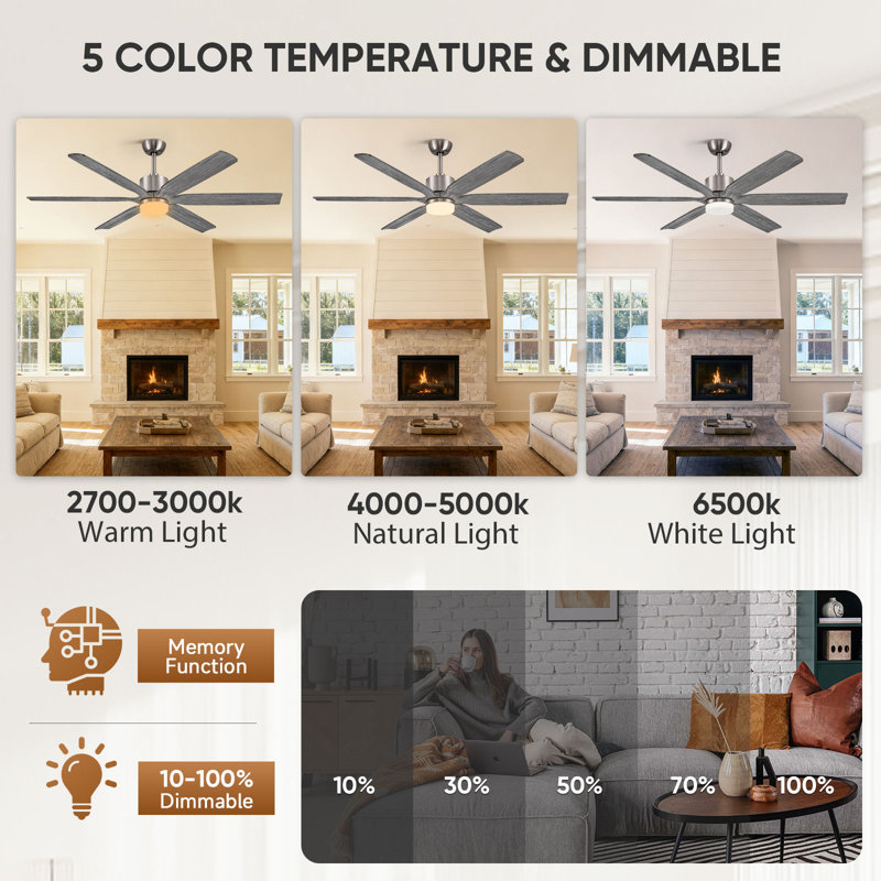 Ceiling Fan With Led Light, Remote Control, Reversible Motor, 5 Cct, Solid Wood Blades, Charcoal Gray, Gray Wood, 60" Wide
