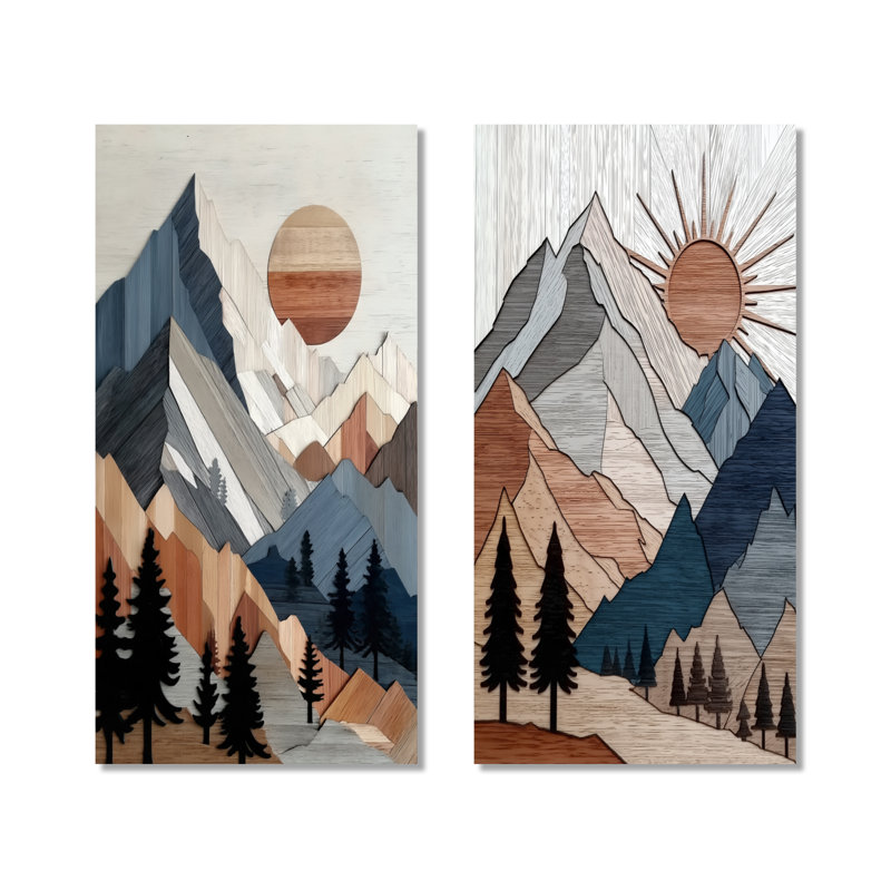 «Blue Bold Mountains Landscape», ensemble de 2 reproductions d'art murales modernes en métal, 40" H x 40" W
