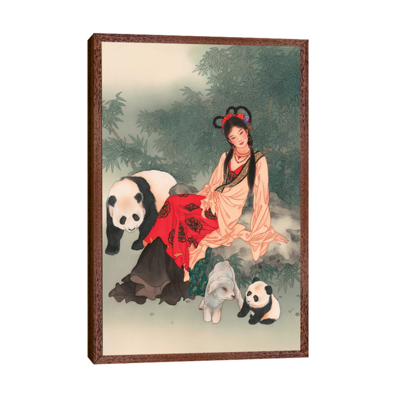 Pandas Of Wolong - Painting on Canvas, Classic Brown Wood Framed, 101.6 cm H x 66.04 cm W