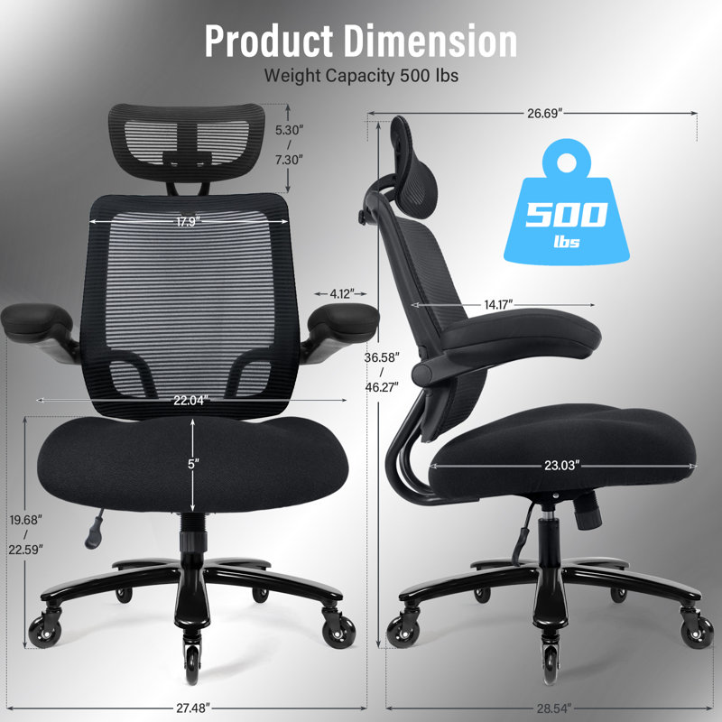 Big and Tall Executive Office Chair,500LBS Mesh Office Chair with adjustable Armrest and Swivel Wheels, Black