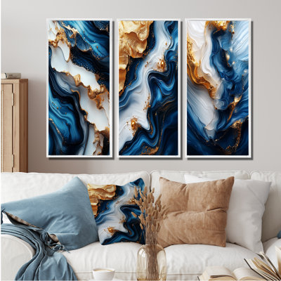 Marbre abstrait dans des tons bleus et dorés I - Collection d'impressions sur toile marbrée
