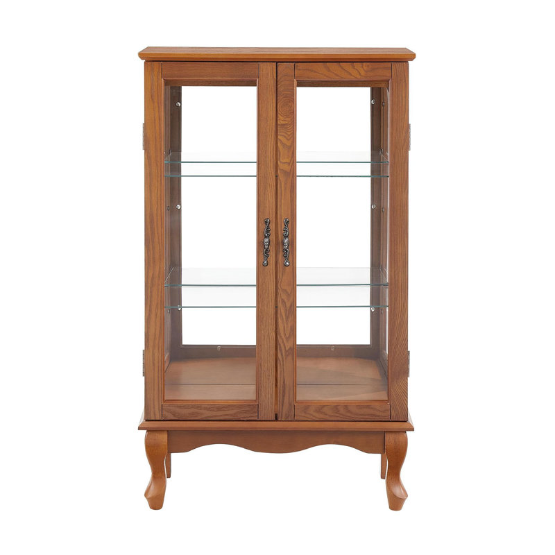 2 Doors Curio Cabinet With Tempered Glass Doors, Curio Cabinets With Mirrored Back Panel And Adjustable Shelves, Lighted Display Cabinet For Home, Office Light Bulb Included Oak