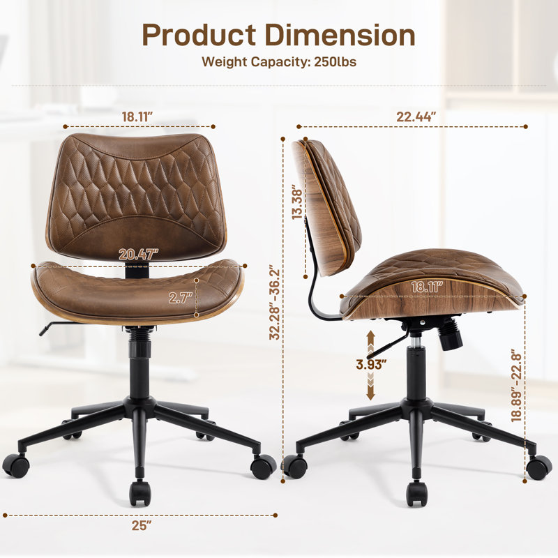Home Office Chair No Arms with Wheels, Adjustable Height Small Desk Chair, Brown
