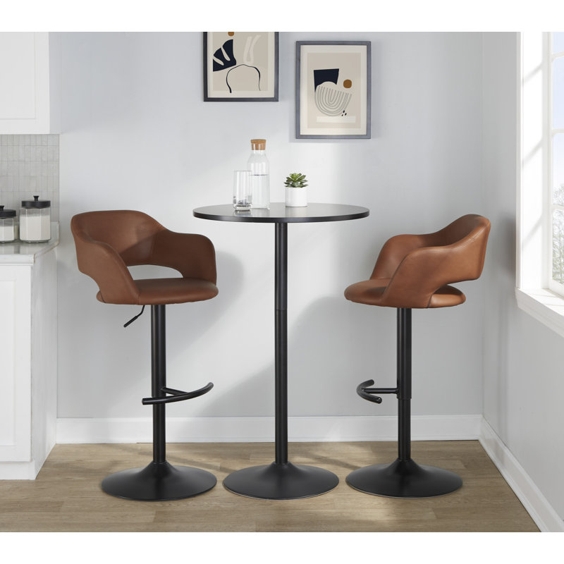 Adjustable Brown Faux Leather Swivel Barstools with Black Metal Base