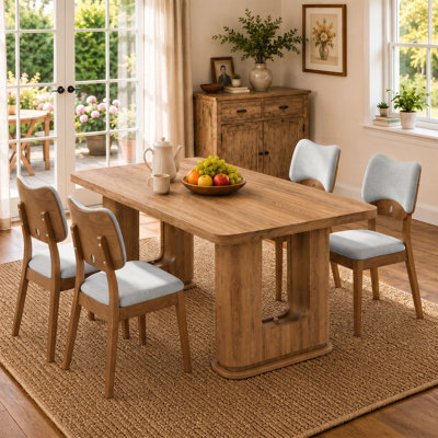 Modern Wood Grain Dining Table Set for 4, 64.5" Rectangular Kitchen Table with Brown Glass Inlay and PU Upholstered Solid Wood Chairs