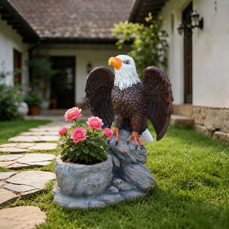 Statue de jardin debout aigle sur une base en fausse pierre - Pot de fleurs décoratif rustique pour l'extérieur et l'intérieur