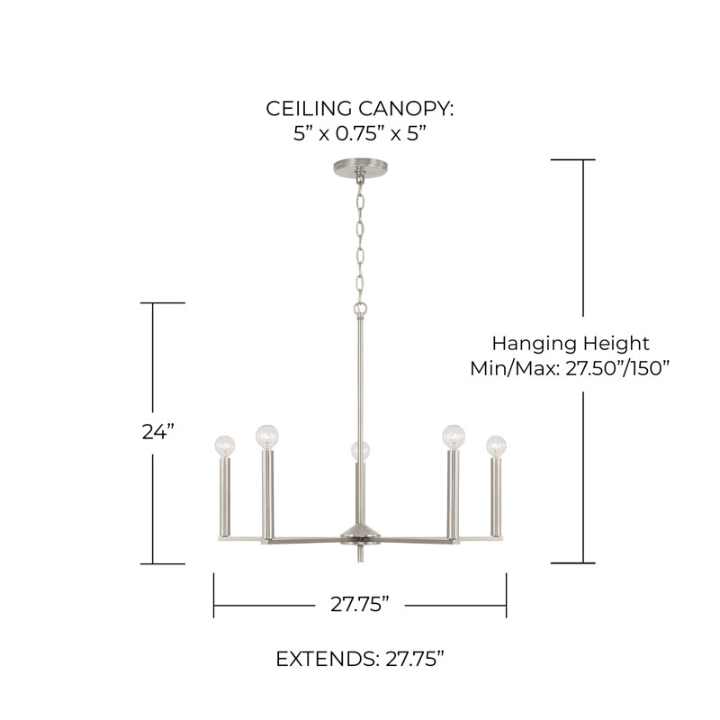 5 - Light Dimmable Modern Linear Chandelier, Brushed Nickel