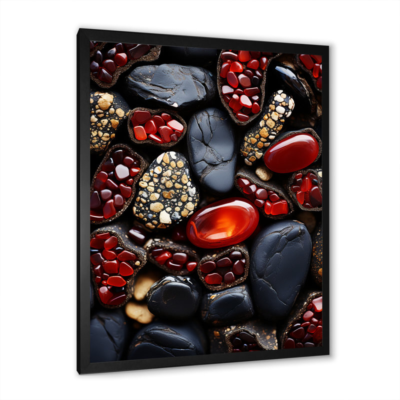 Stone Ruby Radiance 1 - Stone Geode Wall Art, Black Single Picture Framed, 44" H x 34" W x 1.5" D