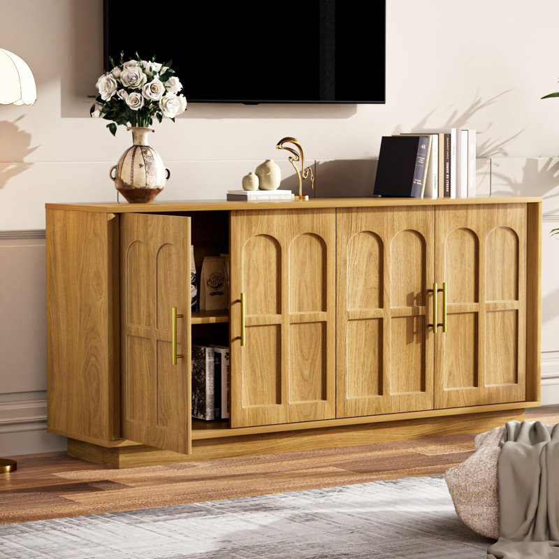 66.5'' Wood Buffet Sideboard With 4 Arched Doors, Modern Storage Cabinet, Yellow