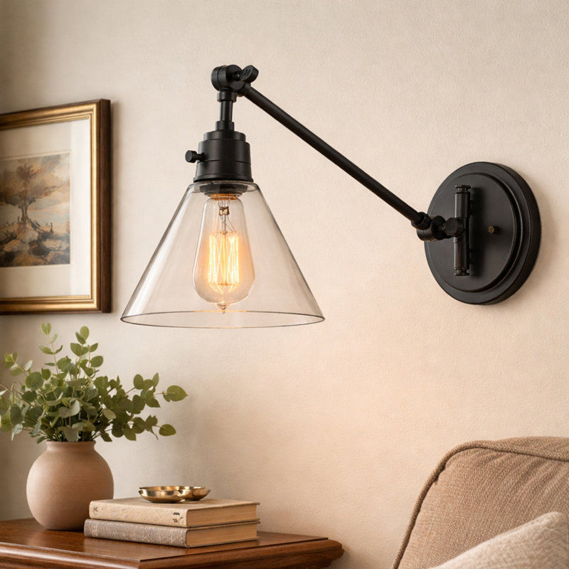 Arti Medium Swing Arm Single Light Wall Sconce with On/Off Switch, Black, 10.25" H x 7.5" W x 18.75" D