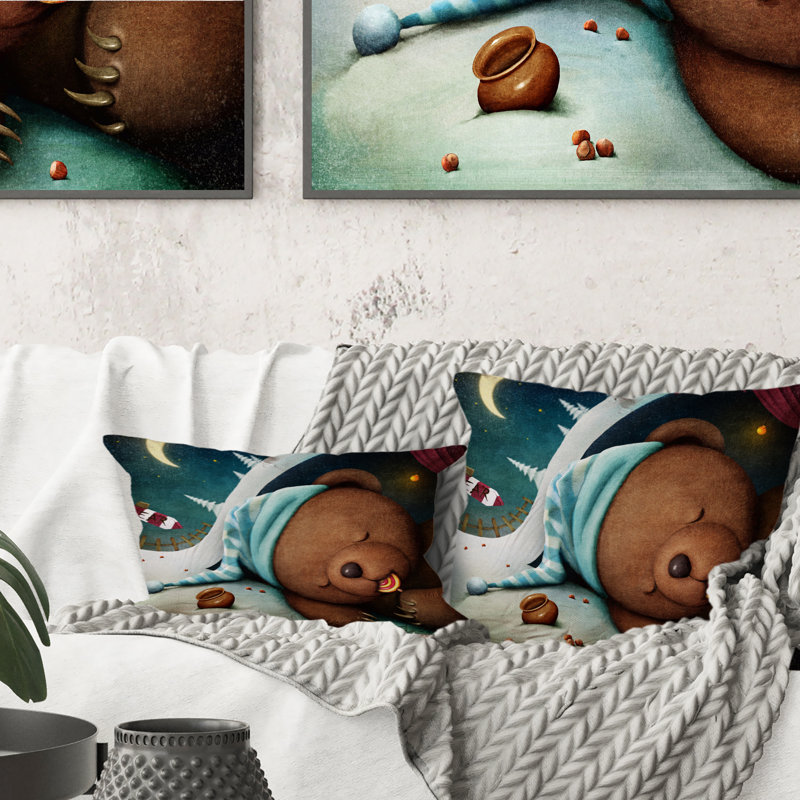 Ours dormant dans un coin-détente - Coussin décoratif pour enfants, 18 po x 18 po