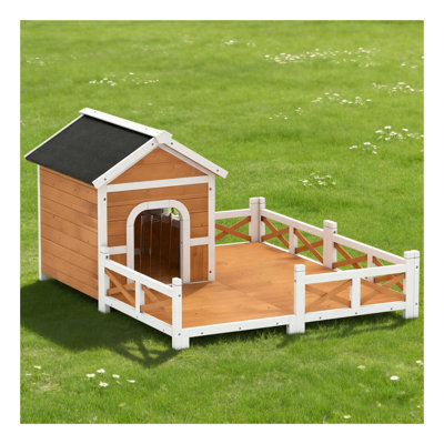 Large Wooden Outdoor Dog House with Fenced Porch in Black, Orange, and White