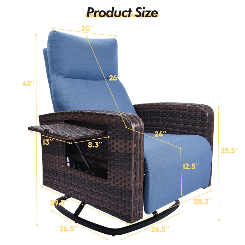 Fauteuil inclinable d'extérieur pivotant à 360 ° en rotin, Bleu, Brun