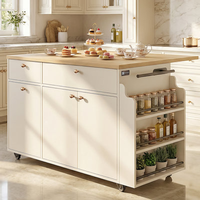 OMCHOM Marble Look Rolling Kitchen Island with Foldable Top, Power Outlet, 3-Tier Spice Rack, Paper Towel Holder, Towel Bar & Dual Drawers