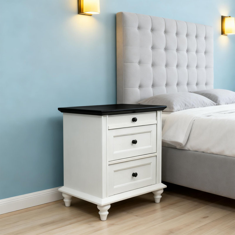 Traditional 24" W Bedside Table Nightstand With 3 Drawers, Solid Wood Legs, Metal Handles, White