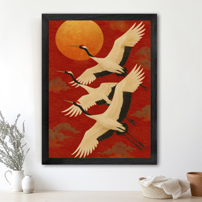 «Black Cranes Vintage Cranes» déploient leurs ailes et volent - longévité et bon augure, reproduction d'art encadrée de style rétro