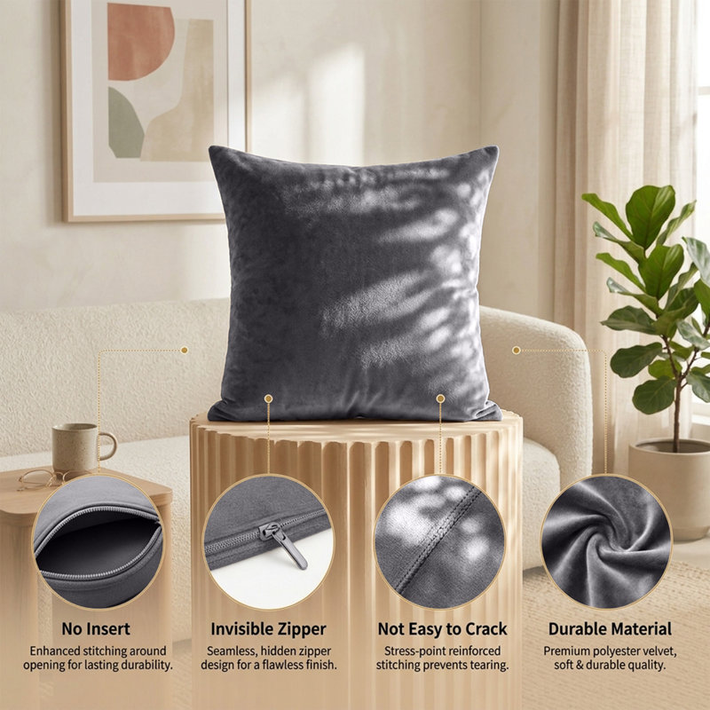 Plain Velvet Cushion Cover-(Pack of 4), Charcoal