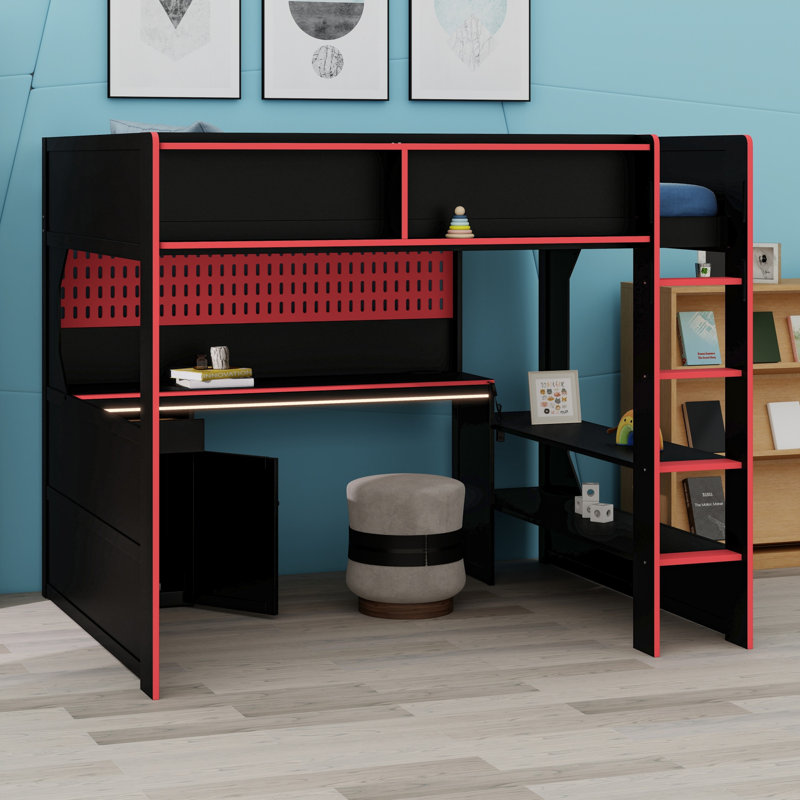 Gaming Loft Bed with Desk, Lights and Charging Station, Space-Saving for Gamers, Full, Black+Red